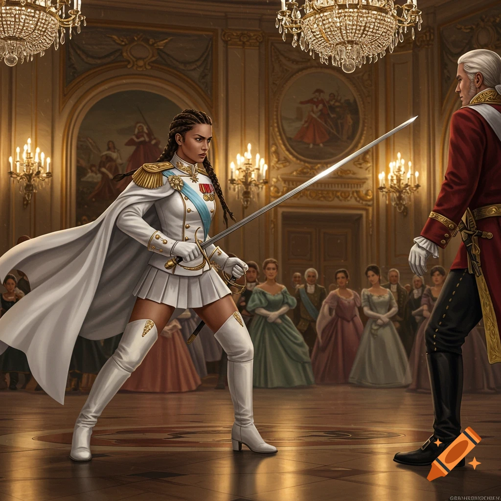 A fierce female officer in a white uniform and cape duels a nobleman with swords in a grand, crowded ballroom, realistic art.