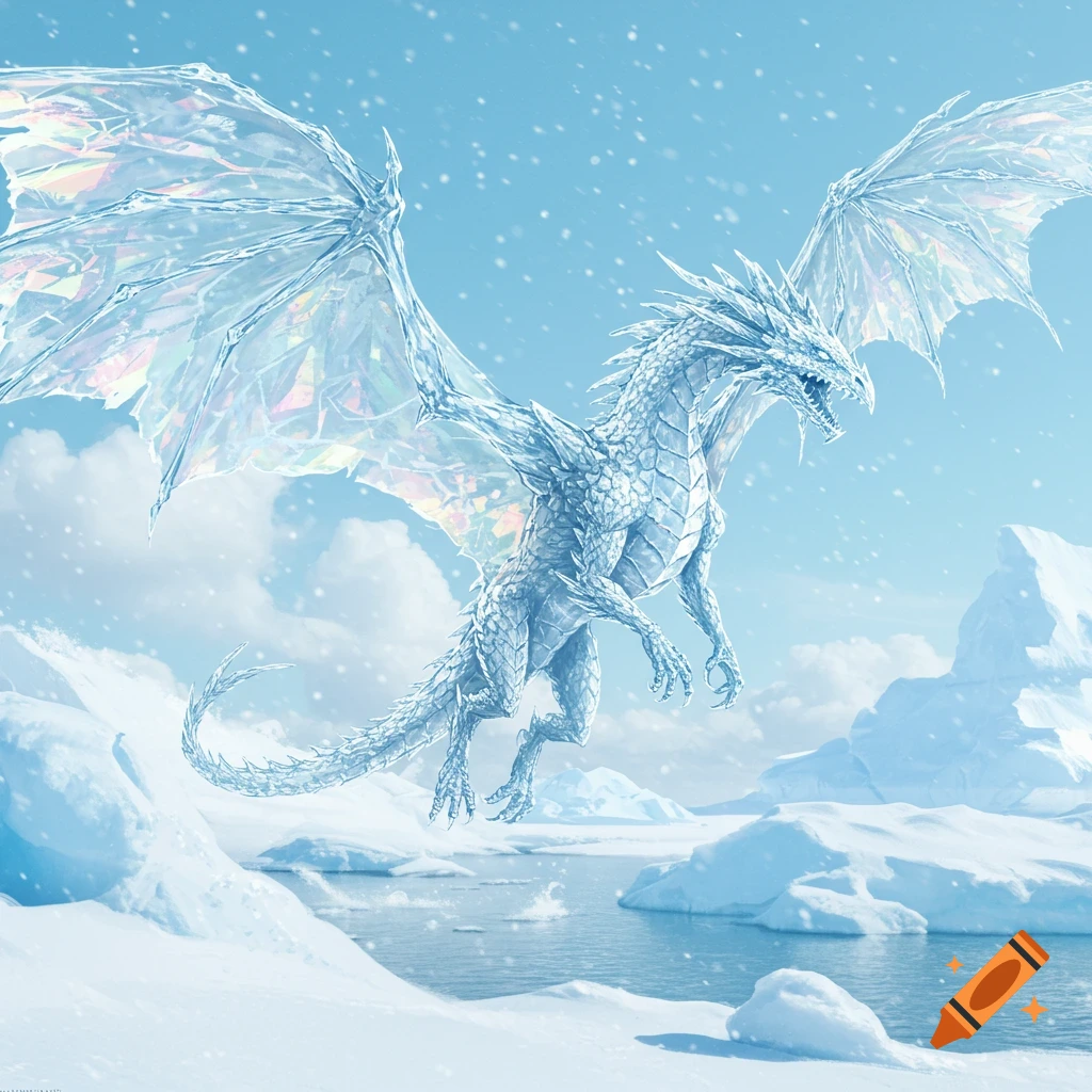 A majestic white ice crystal dragon with iridescent wings flies through a snowy, icy landscape under a light blue sky.