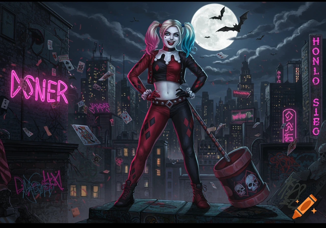 Harley Quinn stands on a rooftop in a dark city at night, under a full moon with bats flying. She wears her signature red and black jester outfit and holds a large mallet. Neon signs illuminate the background.