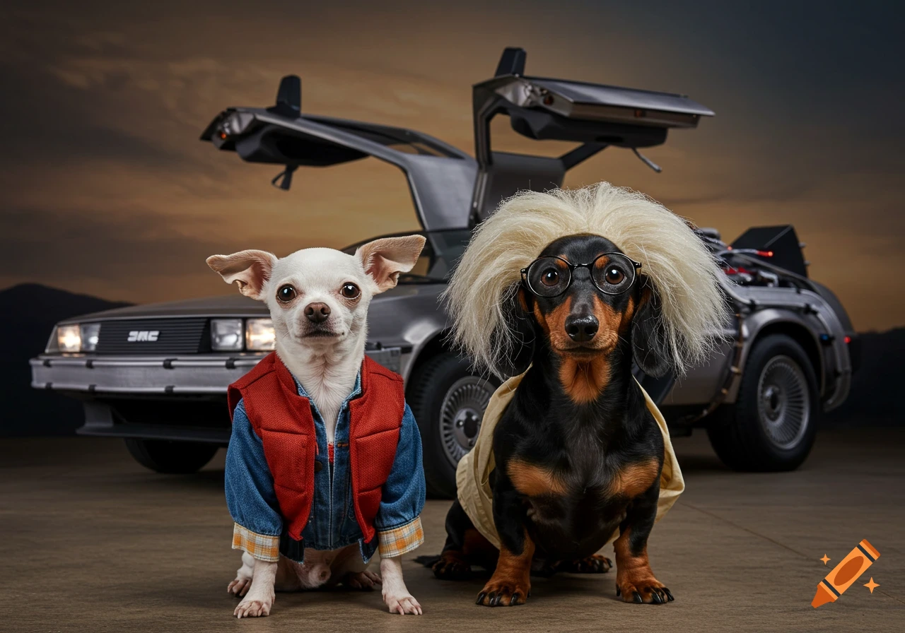A white chihuahua as Marty McFly and a black and tan dachshund as Doc Brown sit in front of a DeLorean car.