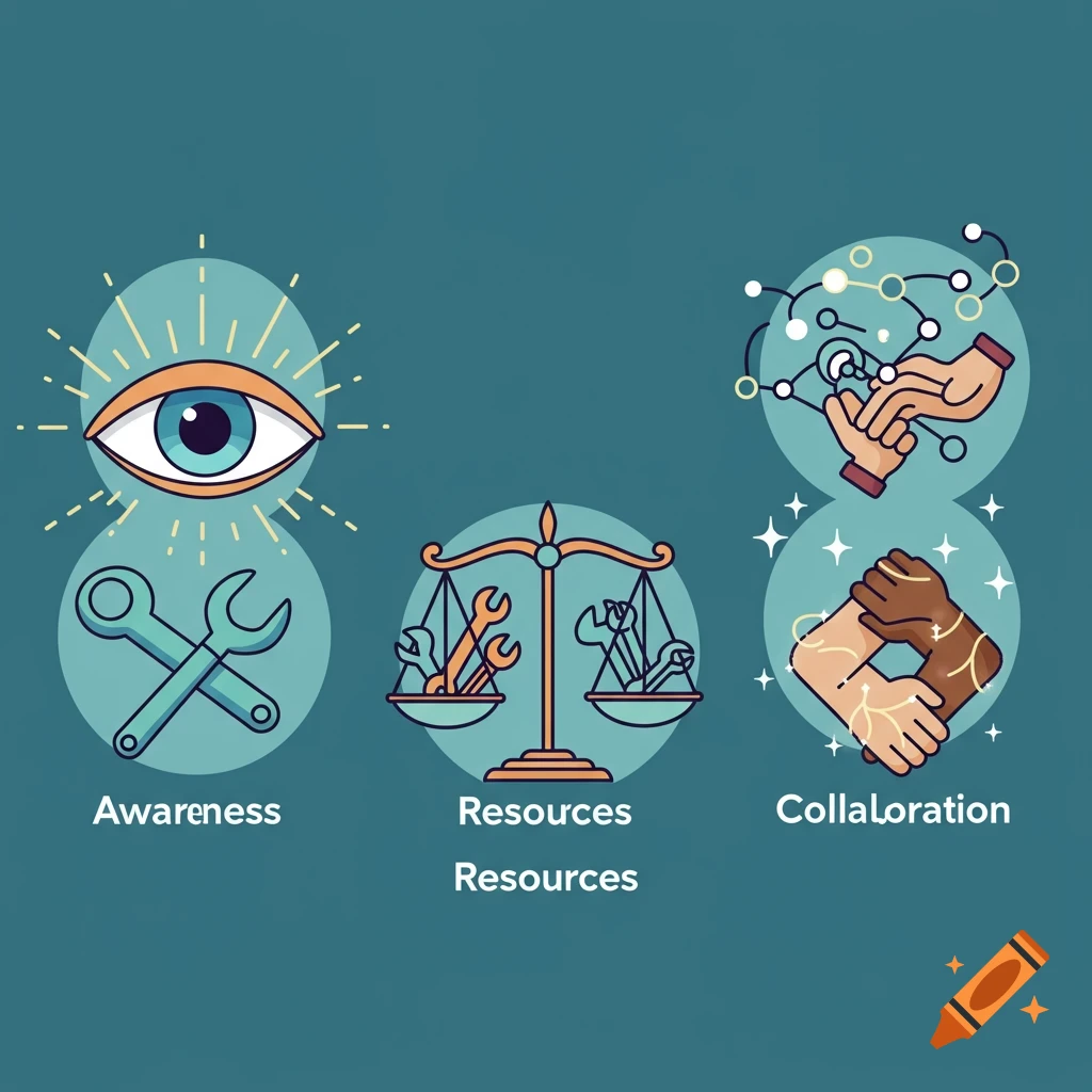 Flat vector icons for Awareness, Resources, and Collaboration concepts, showing an eye, tools on a scale, and connected hands.