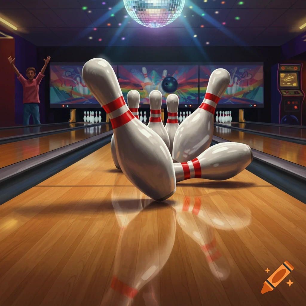 An illustration of bowling pins scattering after being hit by a bowling ball in a colorful retro bowling alley.