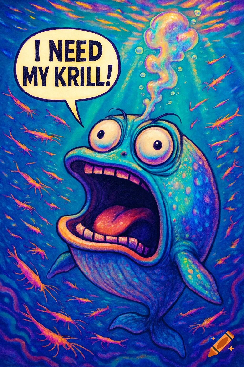 A highly stylized, wide-eyed blue whale yells "I NEED MY KRILL!" in a speech bubble, surrounded by orange krill underwater.
