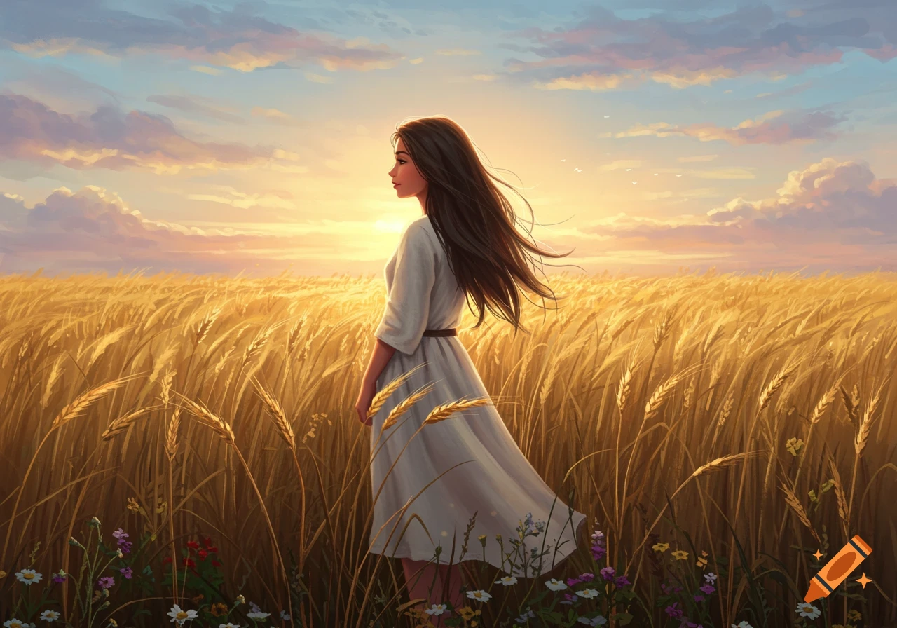 A woman with long brown hair in a white dress stands in a golden wheat field at sunset, looking towards the horizon. Painterly style.