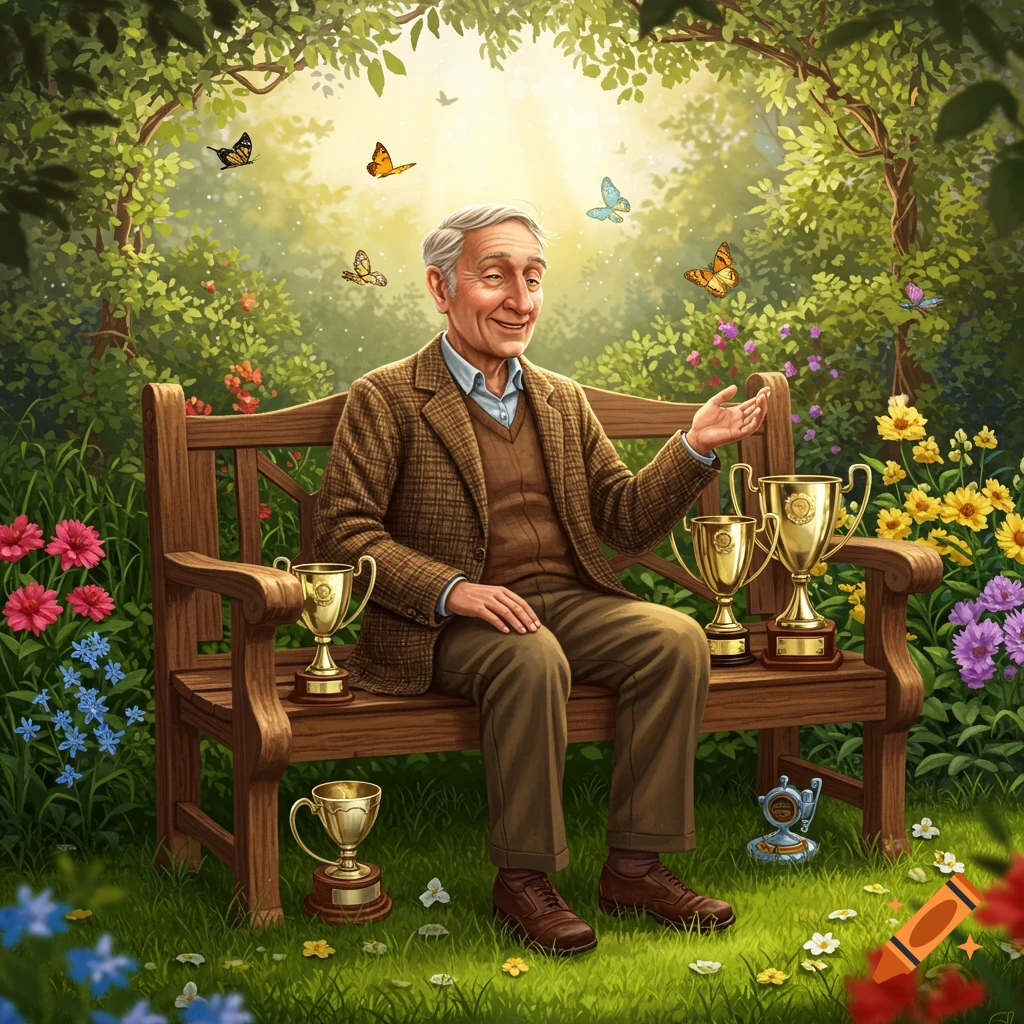 An old man sits smiling on a wooden bench in a vibrant garden with flowers and butterflies. Several golden trophies are arranged around him.