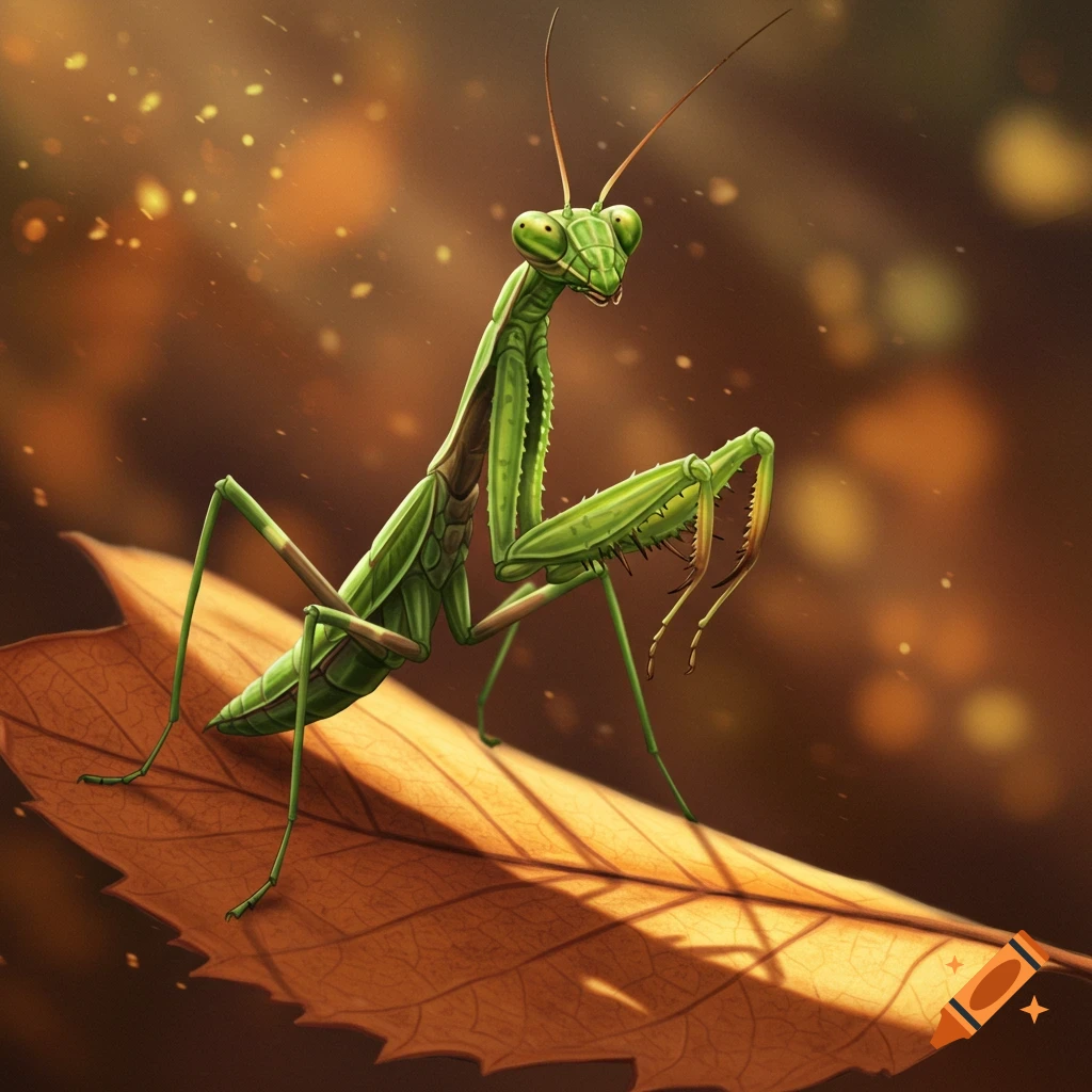A detailed green praying mantis illustration standing on a brown autumn leaf with a blurred, warm-toned background.