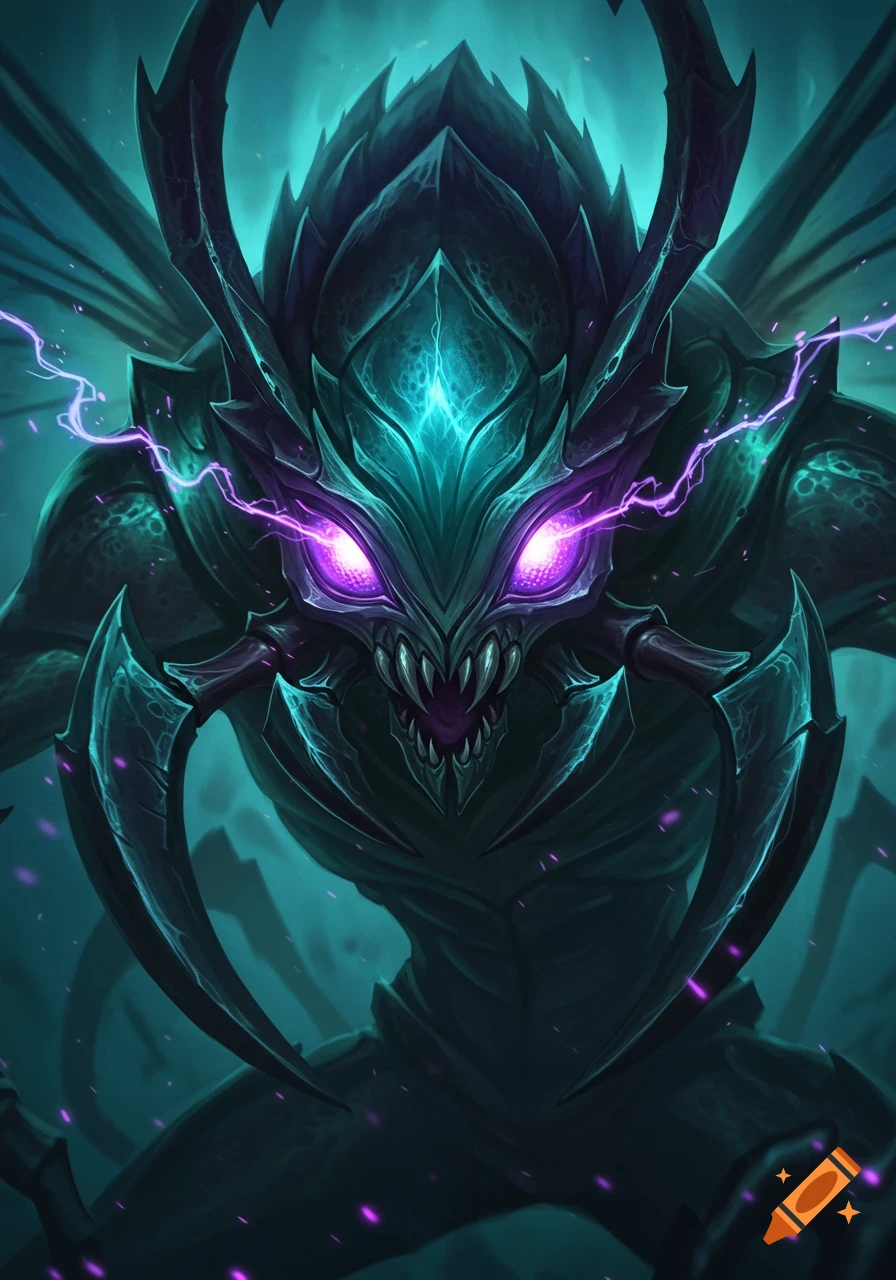 A dark, insectoid fantasy creature with glowing purple eyes, sharp teeth, and purple lightning around its head in a dark teal environment.