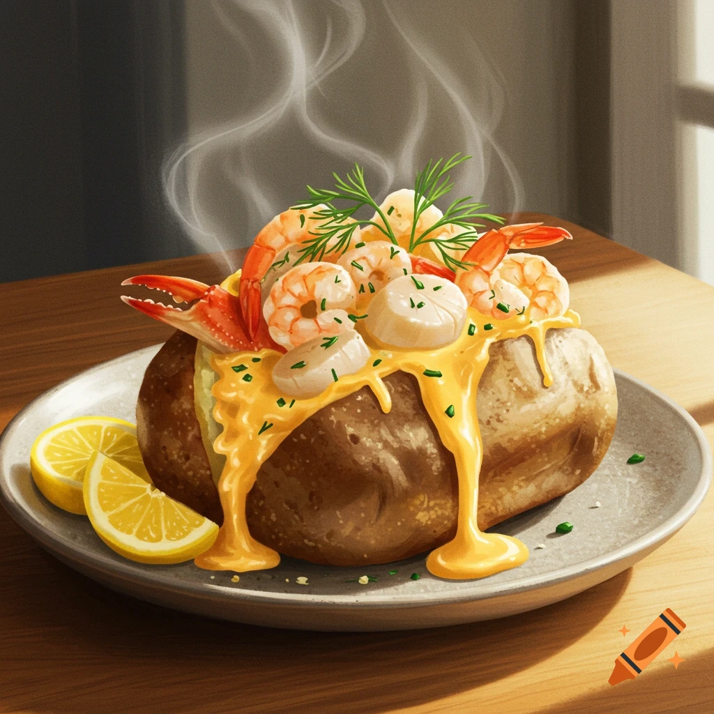 A steaming baked potato with shrimp, scallops, crab, cheese sauce, and herbs, with lemon slices, in an illustrative style.