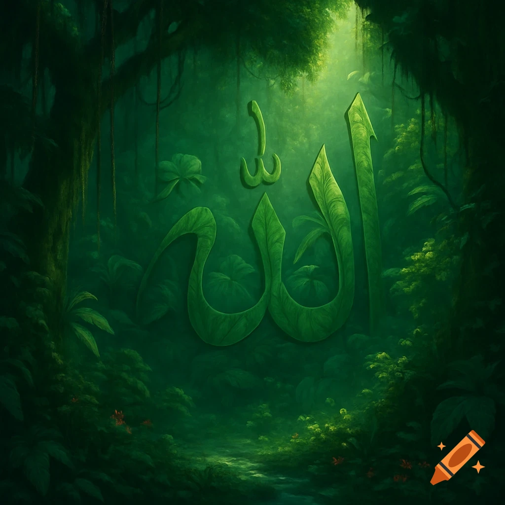 Arabic calligraphy of 'Allah' formed by lush green leaves in a vibrant jungle painting.