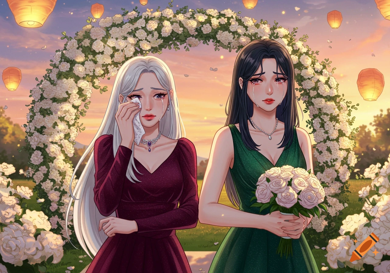 Anime illustration of two crying women at an outdoor wedding at sunset, standing under a white floral arch with sky lanterns.