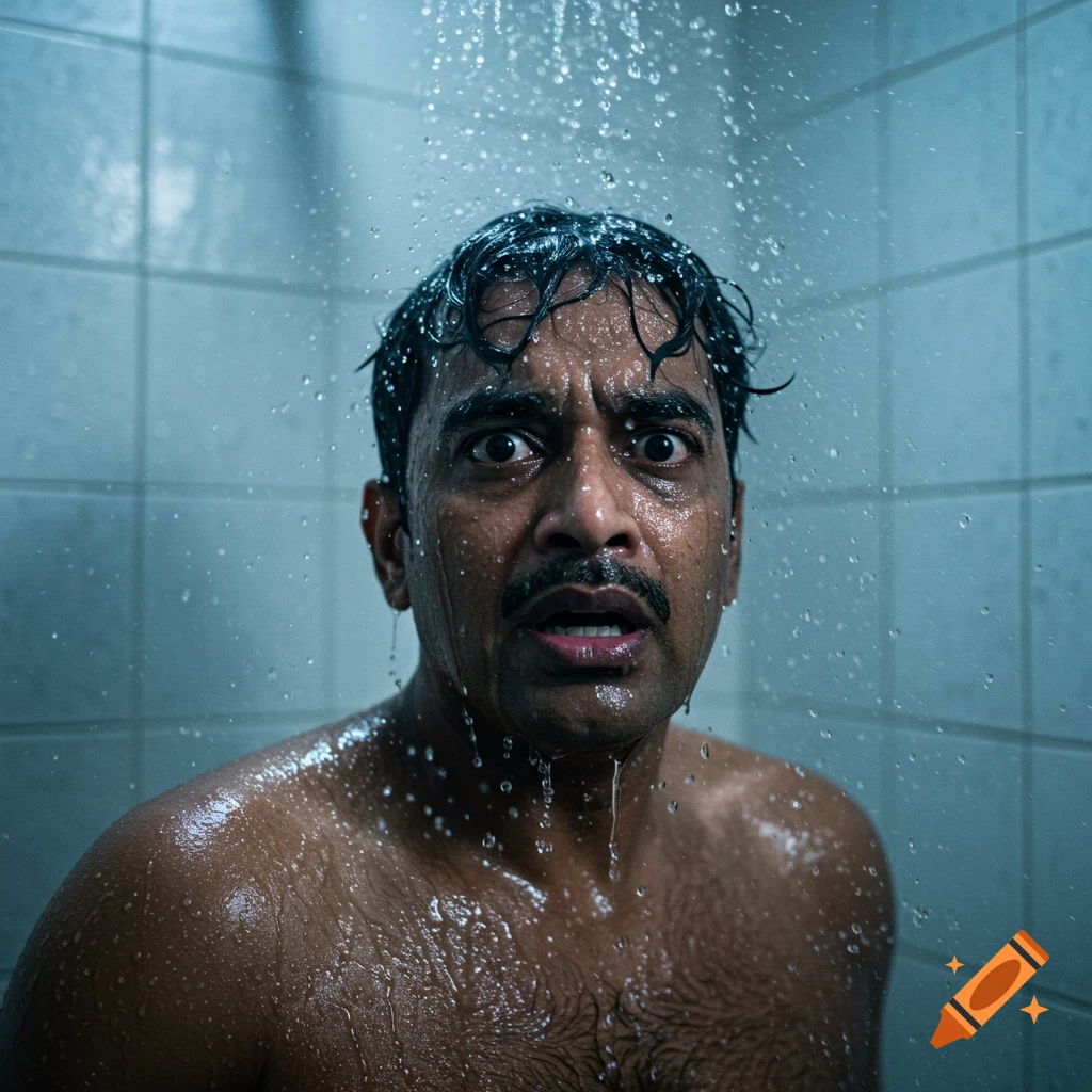 A man with a mustache stands in a shower with water pouring down, looking scared and wide-eyed.