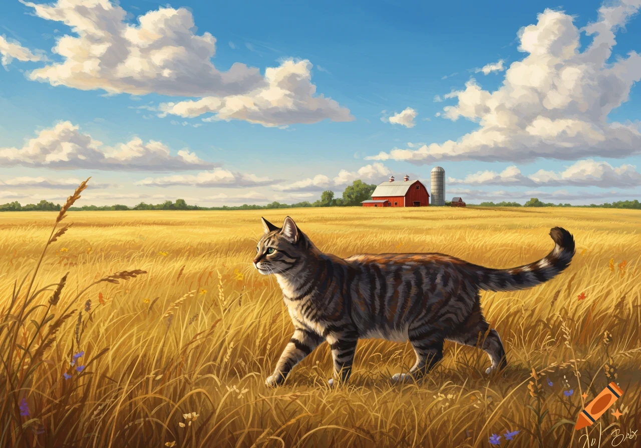 A tabby cat walks through a golden field under a blue sky with fluffy clouds, a red barn and silo in the distance. Digital art.