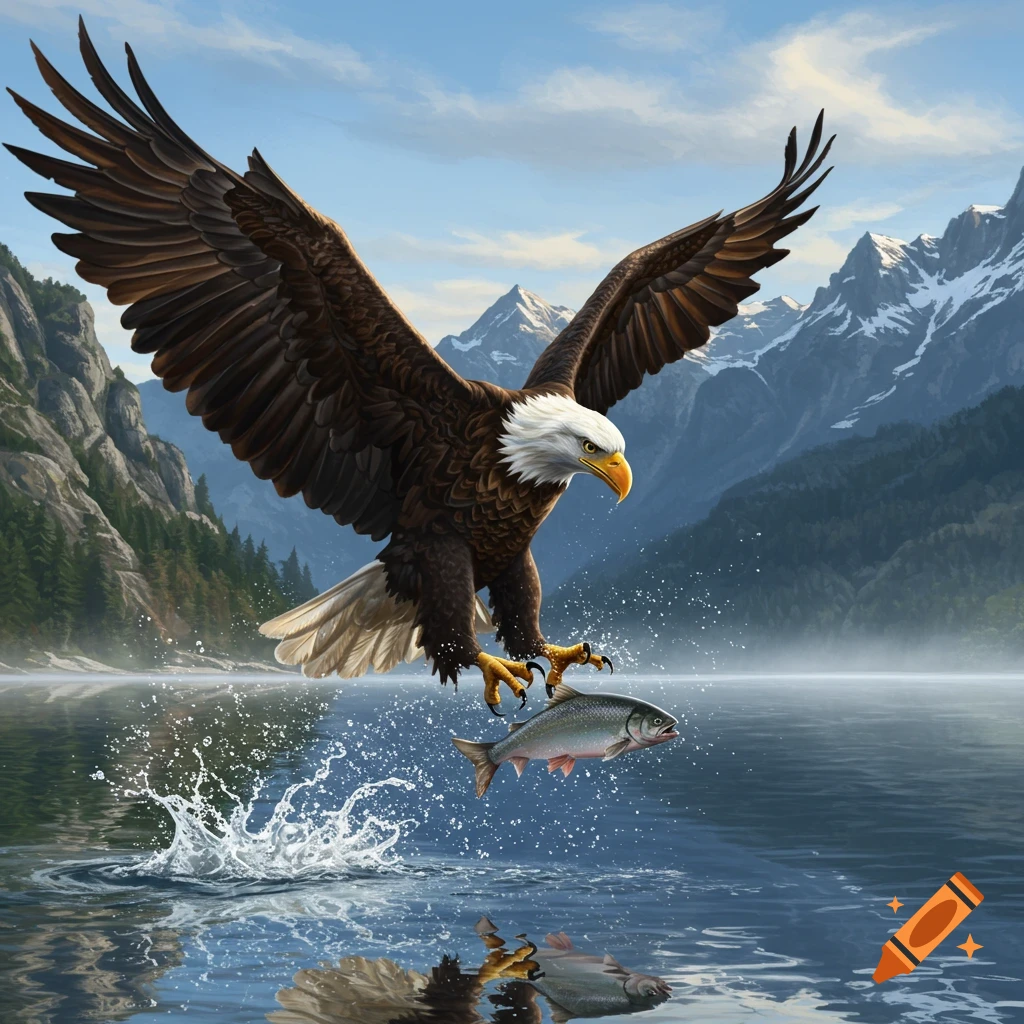 An eagle with outstretched wings swoops down to catch a fish from a mountain lake, creating a splash.