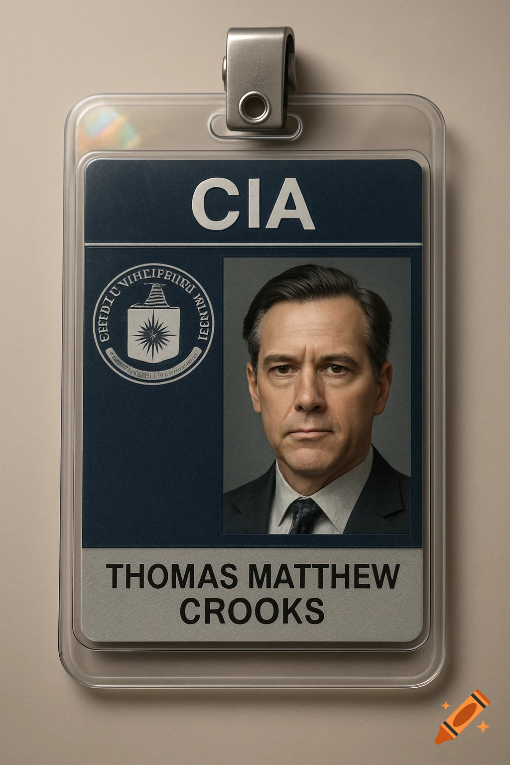 A close-up photorealistic image of a CIA ID badge for Thomas Matthew Crooks. The badge features his portrait and the CIA logo.