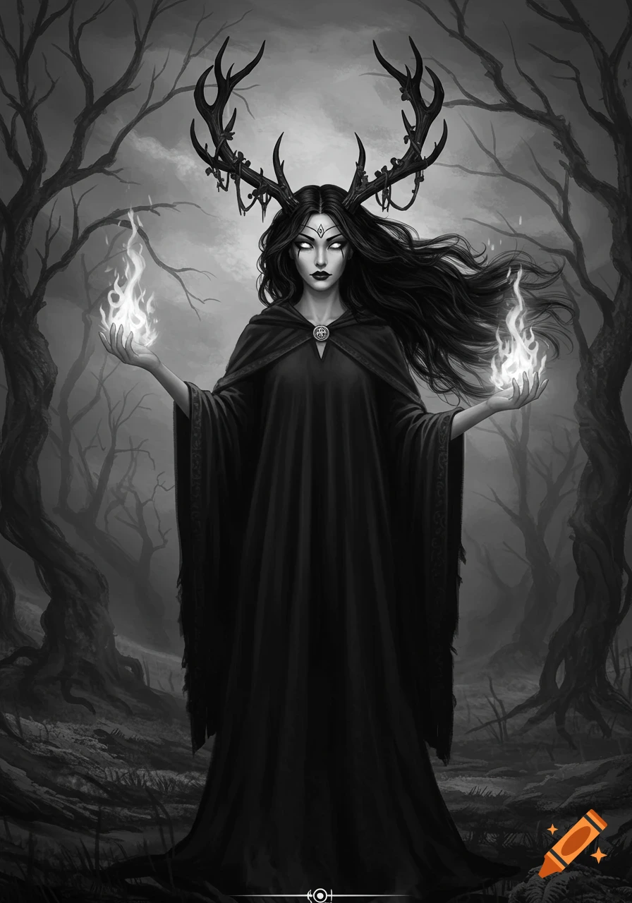 A greyscale image of a witch woman with large antlers on her head, holding glowing white fire in her hands, standing in a dark, misty forest.