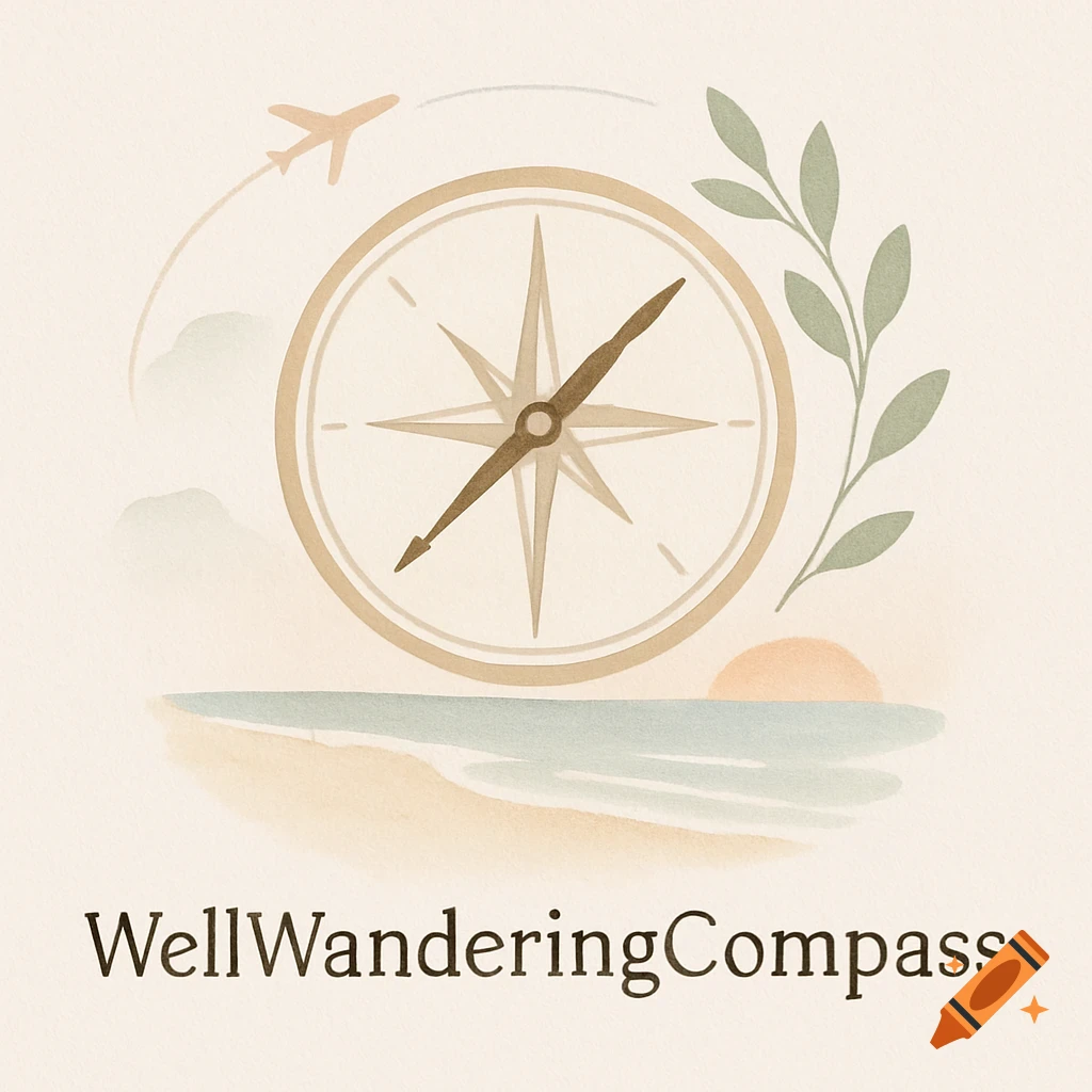 Minimalist watercolor logo with a compass, plane, beach, sunset, and text 'WellWanderingCompass'.