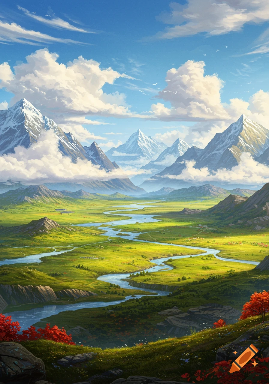 Vibrant digital painting of a lush green valley with a winding river, flanked by majestic snow-capped mountains under a bright blue sky.