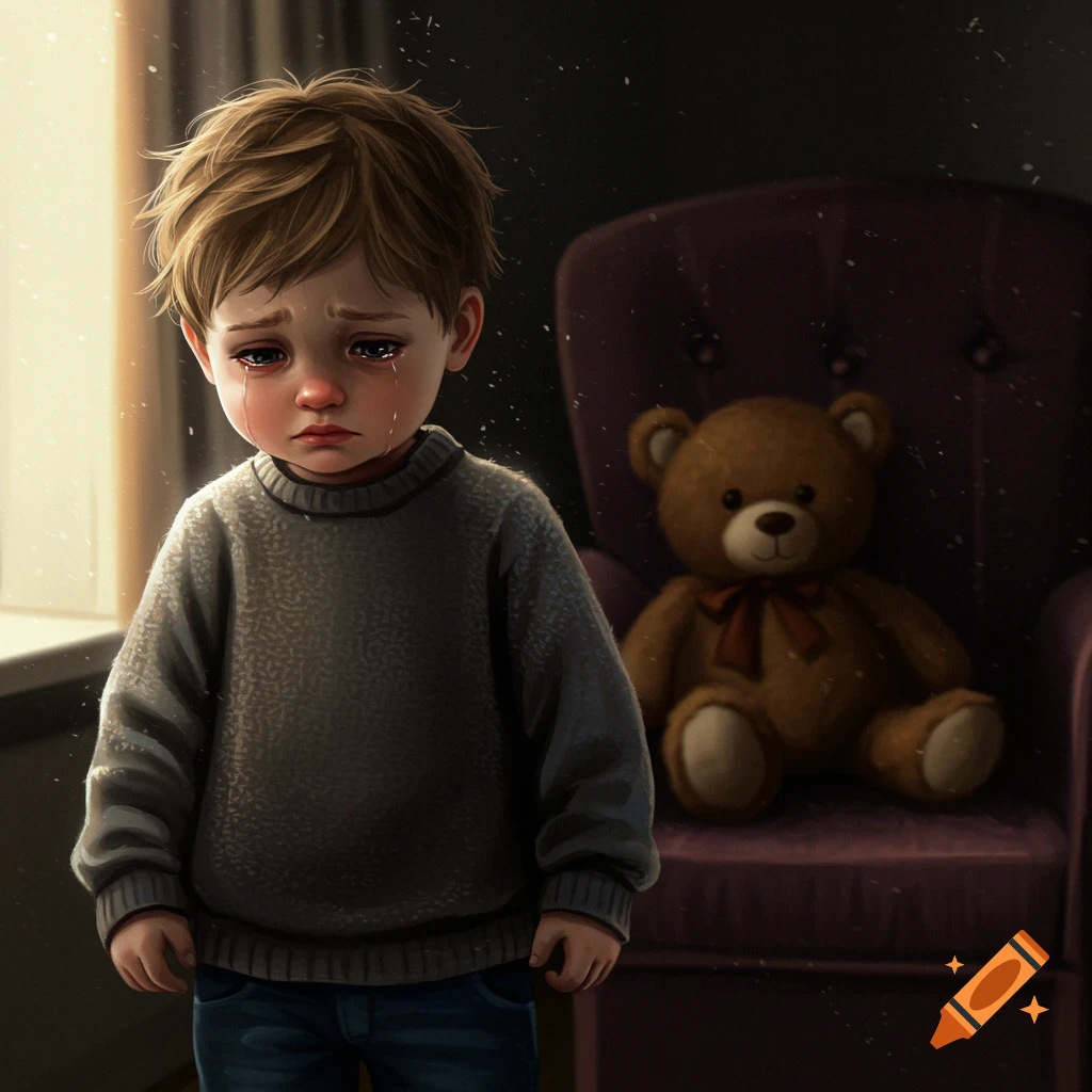 A sad little boy with tears streaming down his face stands next to a teddy bear on a chair.