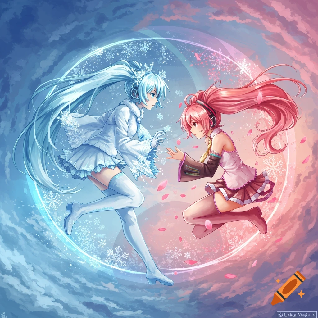 Anime illustration of Snow Miku (blue hair) and Sakura Miku (pink hair) in a yin-yang pose amidst snowflakes and cherry blossoms.