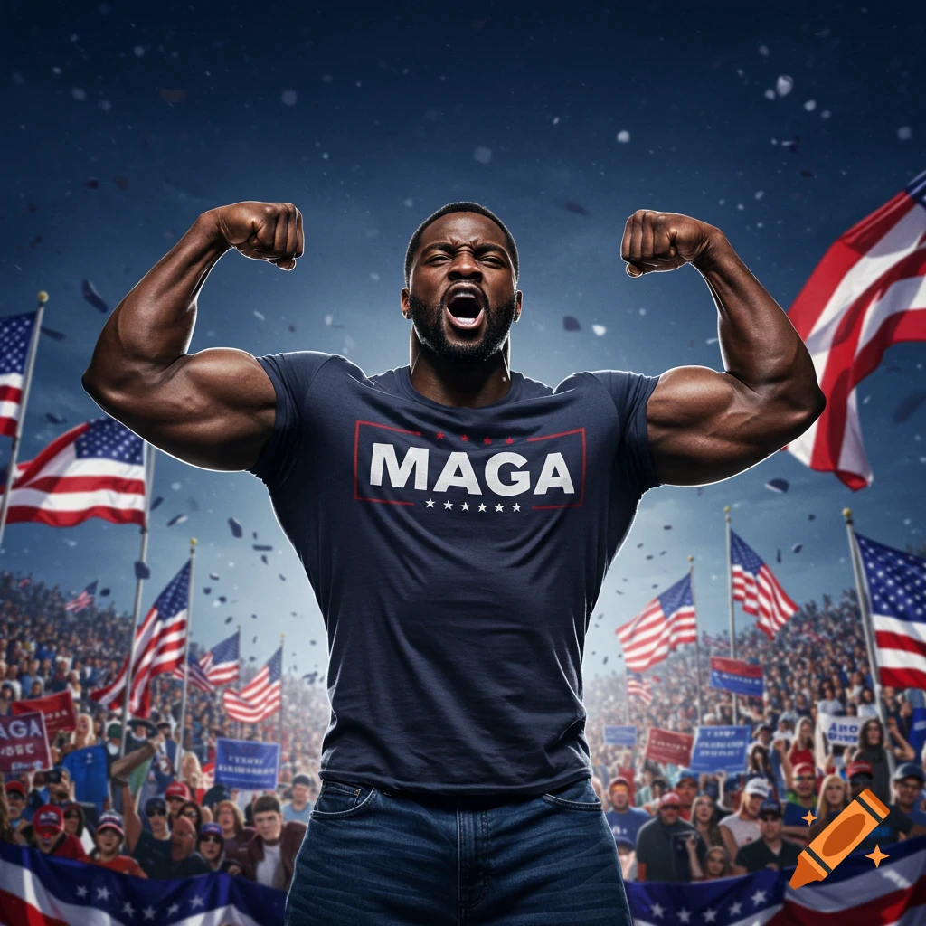 Photorealistic image of a muscular Black man in a MAGA t-shirt flexing at a political rally with American flags and a cheering crowd.