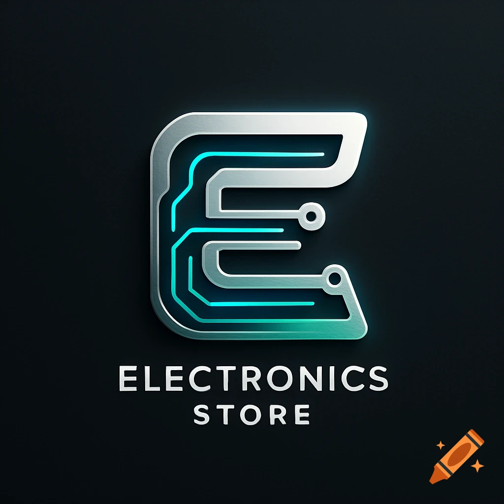 A stylized silver letter 'E' resembling a circuit board with glowing blue lines, above the words 'ELECTRONICS STORE' on a dark background.