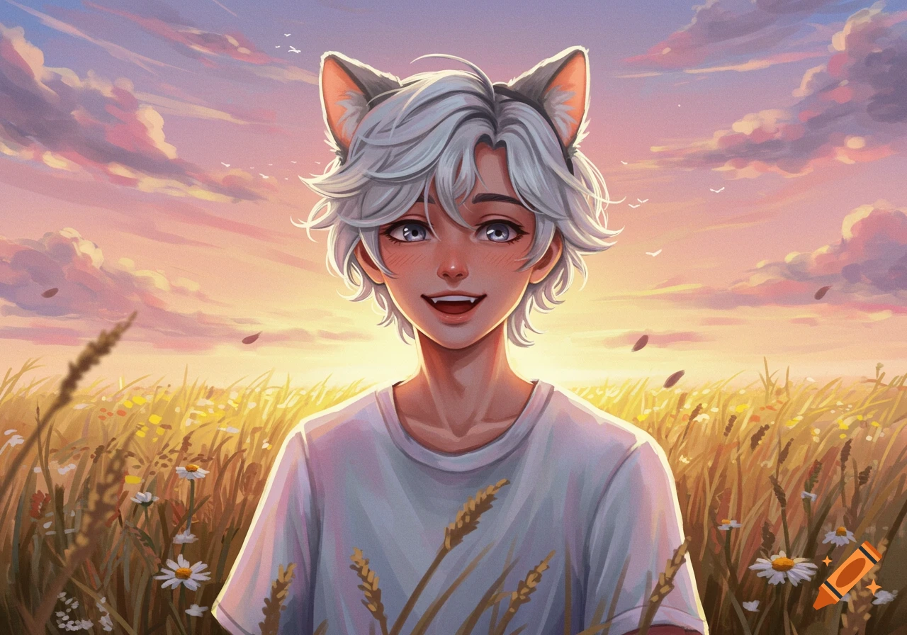 A smiling anime boy with white hair and cat ears stands in a field of wildflowers at sunset.