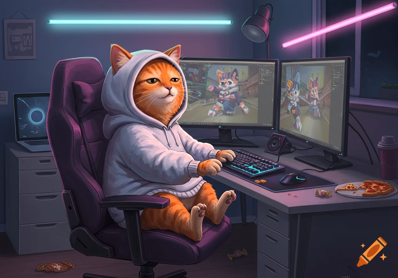 A cartoon orange tabby cat in a white hoodie sits at a computer desk, playing games on two monitors in a dimly lit room with neon lights.