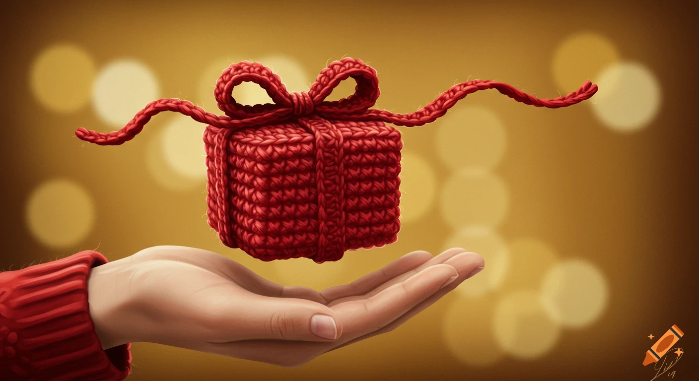 A hand in a red knitted sleeve holds a floating red knitted gift box with a bow, against a blurred golden bokeh background.