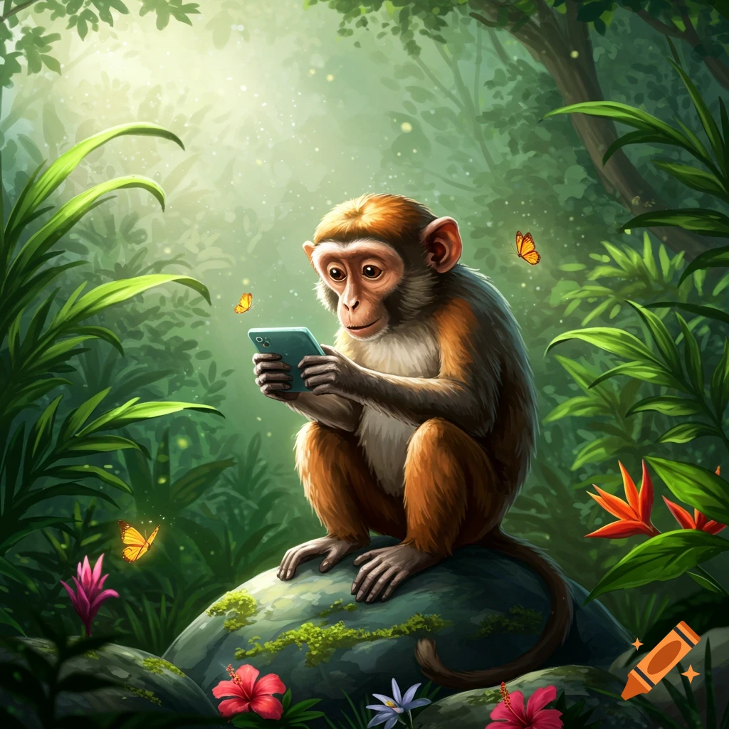 A cartoon monkey sits on a rock in a lush jungle, looking at a smartphone with butterflies flying around.