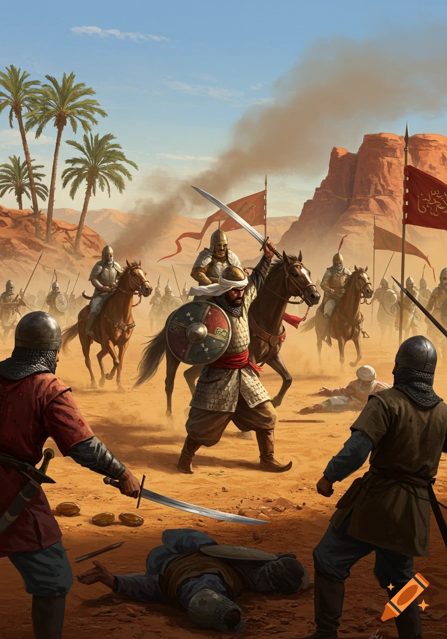 An epic illustration of a desert battle, with warriors on horseback and foot clashing swords amidst sand dunes and palm trees.