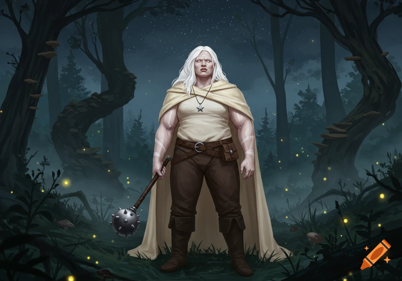 A stocky albino woman with white hair and a cream cloak stands in a dark forest at night, holding a mace.
