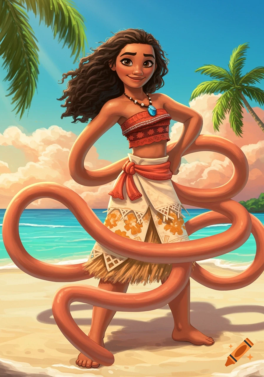 Animated Moana with a stretchy body stands on a tropical beach with palm trees.