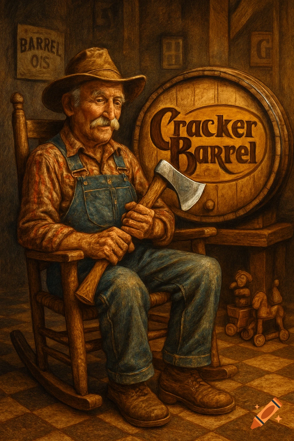 An old man in overalls sits in a rocking chair, holding an axe. A large 'Cracker Barrel' barrel is behind him in a rustic, painterly style.
