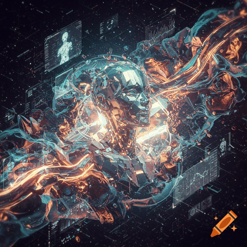 A futuristic, abstract human head made of reflective shards, surrounded by glowing orange and blue energy streams and digital data displays.