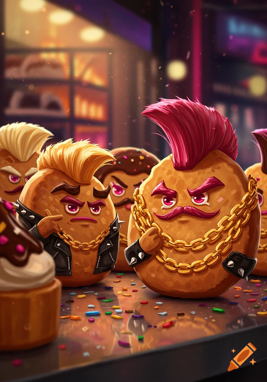 Vibrant illustration of tough, anthropomorphic cookies with punk hairstyles, gold chains, and leather jackets in a bakery.
