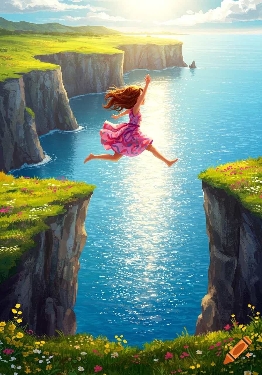 A vibrant illustration of a girl in a pink dress leaping across a gap between two grassy cliffs overlooking a sunny blue ocean.