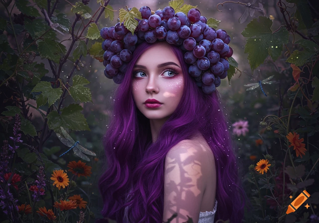A beautiful woman with long purple hair and a vibrant purple grape crown looks dreamily amidst lush green foliage with dragonflies.