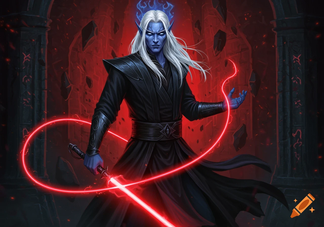 A blue-skinned male elf with long white hair and glowing blue crown stands in black robes, holding a red lightsaber and a red energy whip against a dark, fiery red background with floating rocks and runes.