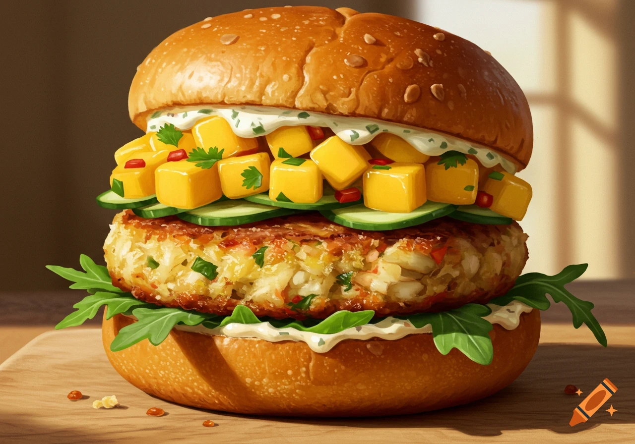 A photorealistic close-up of a crab cake sandwich with mango salsa, cucumber, and arugula on a bun.