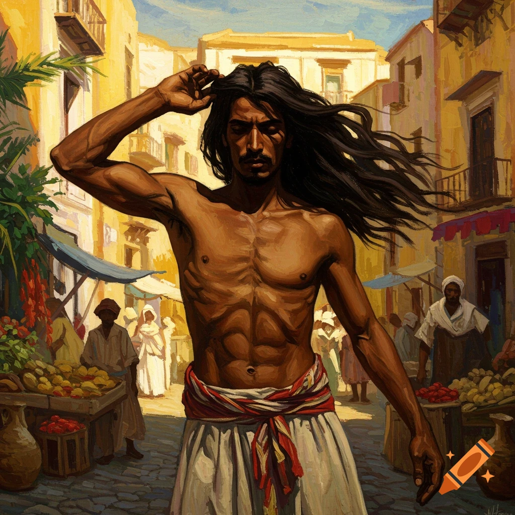 A shirtless man with long dark hair stands in a vibrant street market, his arm raised as if brushing hair from his face, painted in an expressive style.