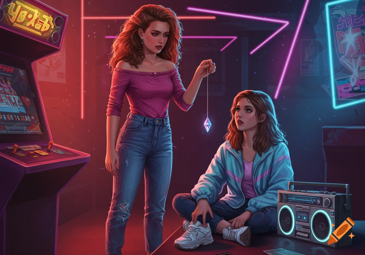 Two 80s-style teenage girls in a neon-lit arcade, one holding a glowing pendulum over the other seated girl with a boombox.