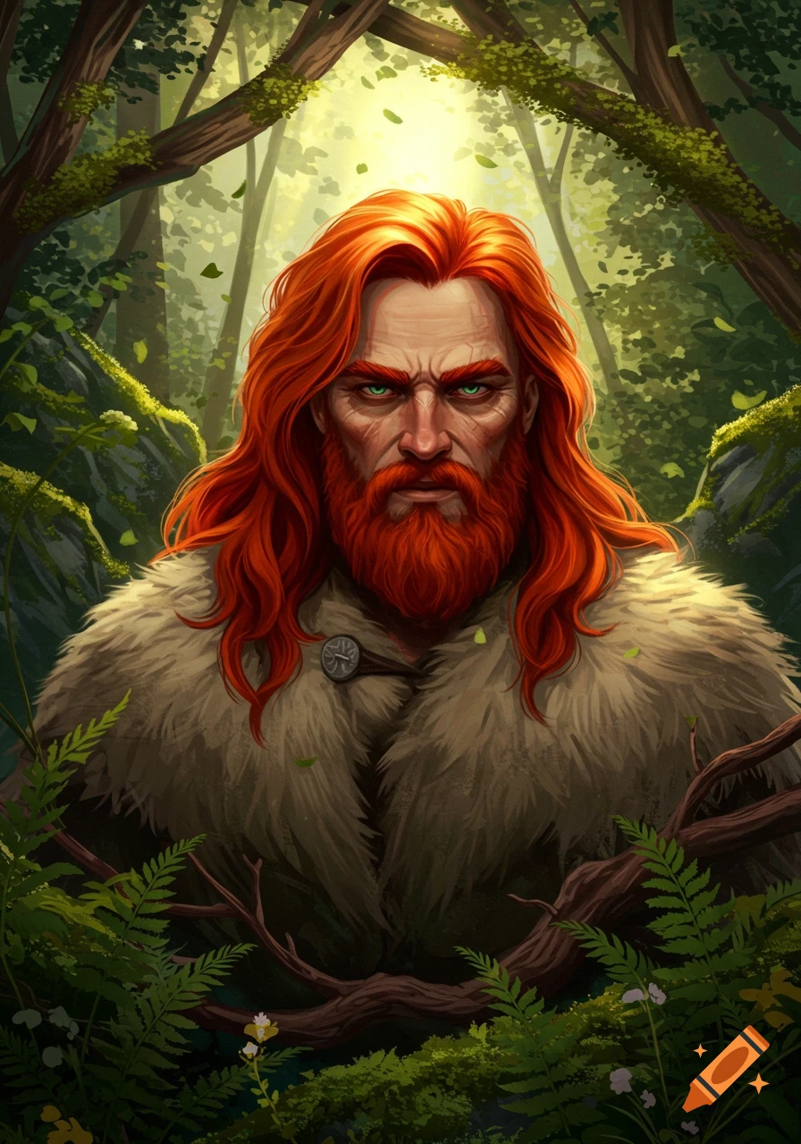 A stern red-haired and bearded man in a fur cloak with bright green eyes, set against a lush, sunlit forest background in an illustrative style.