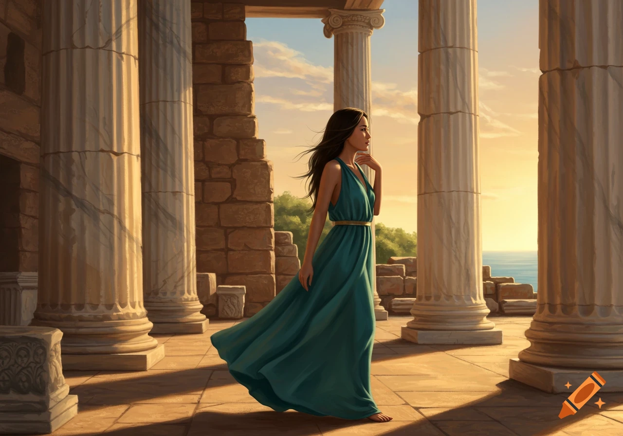 A woman in a teal dress stands amidst ancient Greek ruins with tall columns and a view of the sea at sunset.