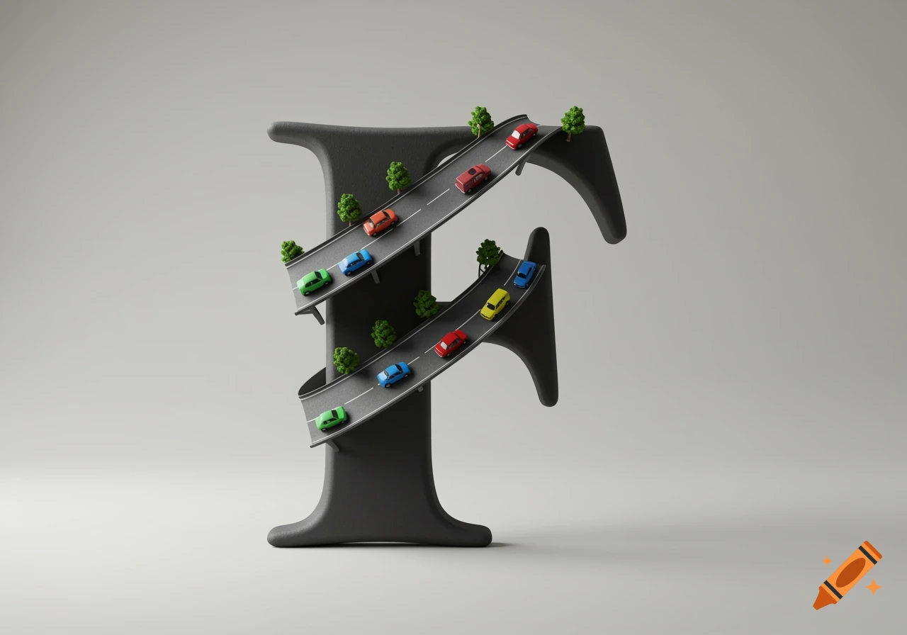 A 3D rendered capital letter F with a winding road built into it, featuring small colorful toy cars driving on the road, against a light grey background.