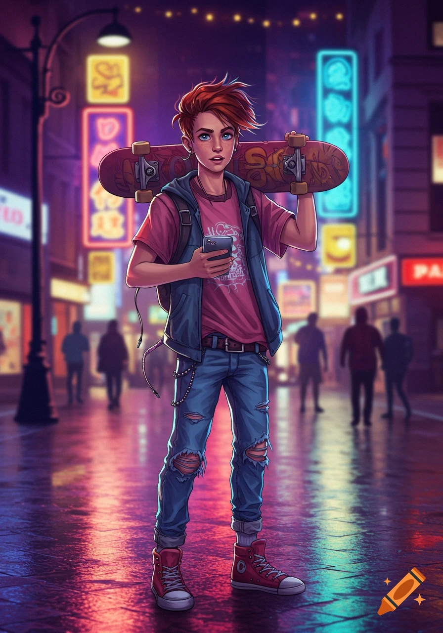 A young person with red hair, wearing ripped jeans and a vest, holding a skateboard on their shoulder in a vibrant, neon-lit city street at night.