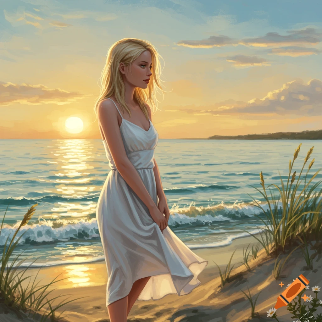 Blonde woman in white dress on a sandy beach by the ocean at sunset, painterly style.