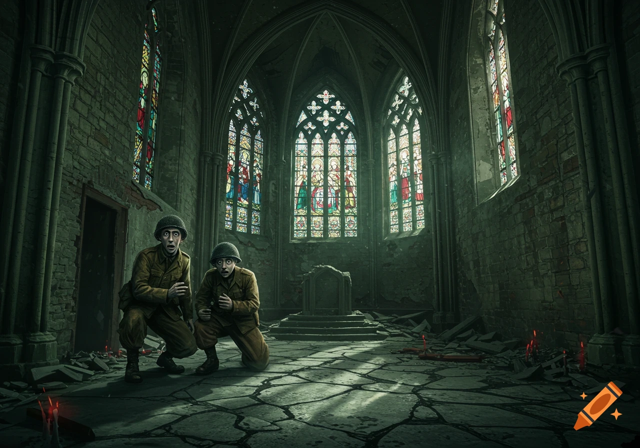 Two wide-eyed WW2 soldiers cower in a ruined Gothic church with stained glass windows, in Tim Burton style.