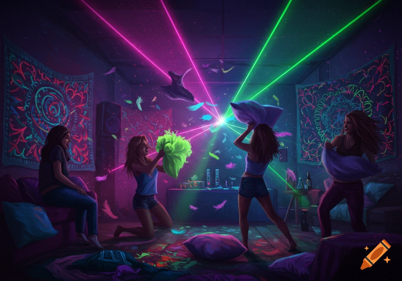 Four young women having a neon-lit pillow fight in a dark room with lasers and glowing tapestries.
