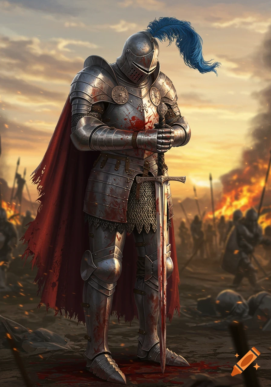 A knight in blood-splattered full plate armor stands on a battlefield at sunset, holding a bloody sword upright. Fires burn in the background.