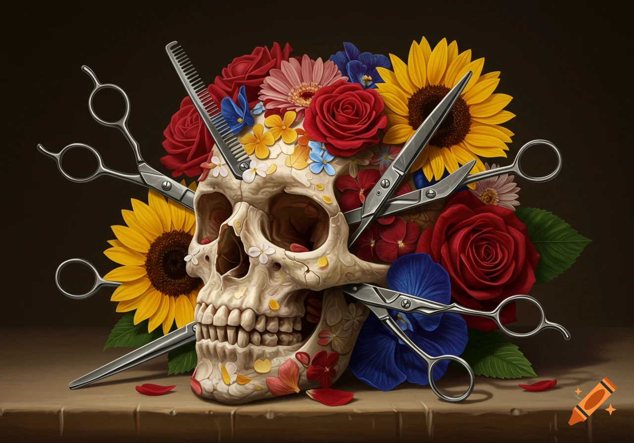 A stylized skull adorned with vibrant roses, sunflowers, and small colorful blossoms, surrounded by silver hairdressing scissors on a table.